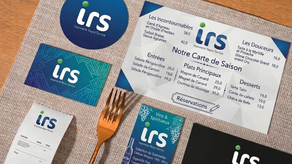 Impression de sets de table personnalisés et menus de restaurant sur-mesure pour les professionnels de la restauration.