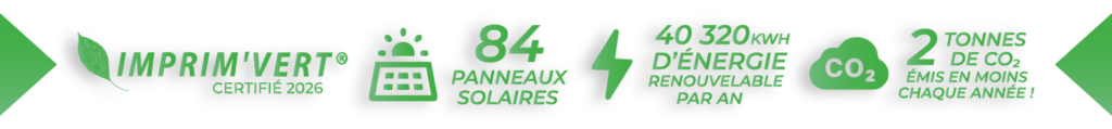 Infographie RSE de l'imprimerie éco-responsable en Normandie : certification Imprim'Vert, encres végétales, impression sur papier recyclé fabriqué en France et atelier alimenté par énergie solaire.